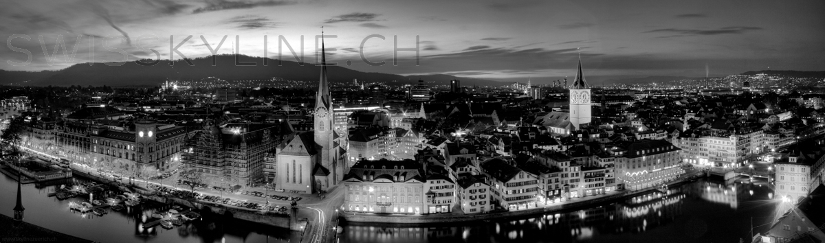 Zürich Blick vom Grossmünster Panorama schwarz/weiss